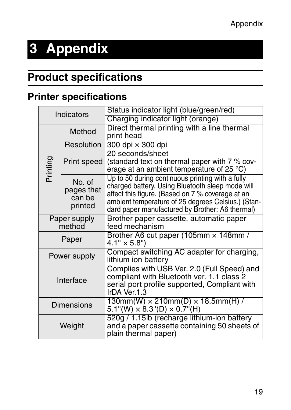 Appendix, Product specifications, 3 appendix | Printer specifications | Brother MW-260 User Manual | Page 36 / 45