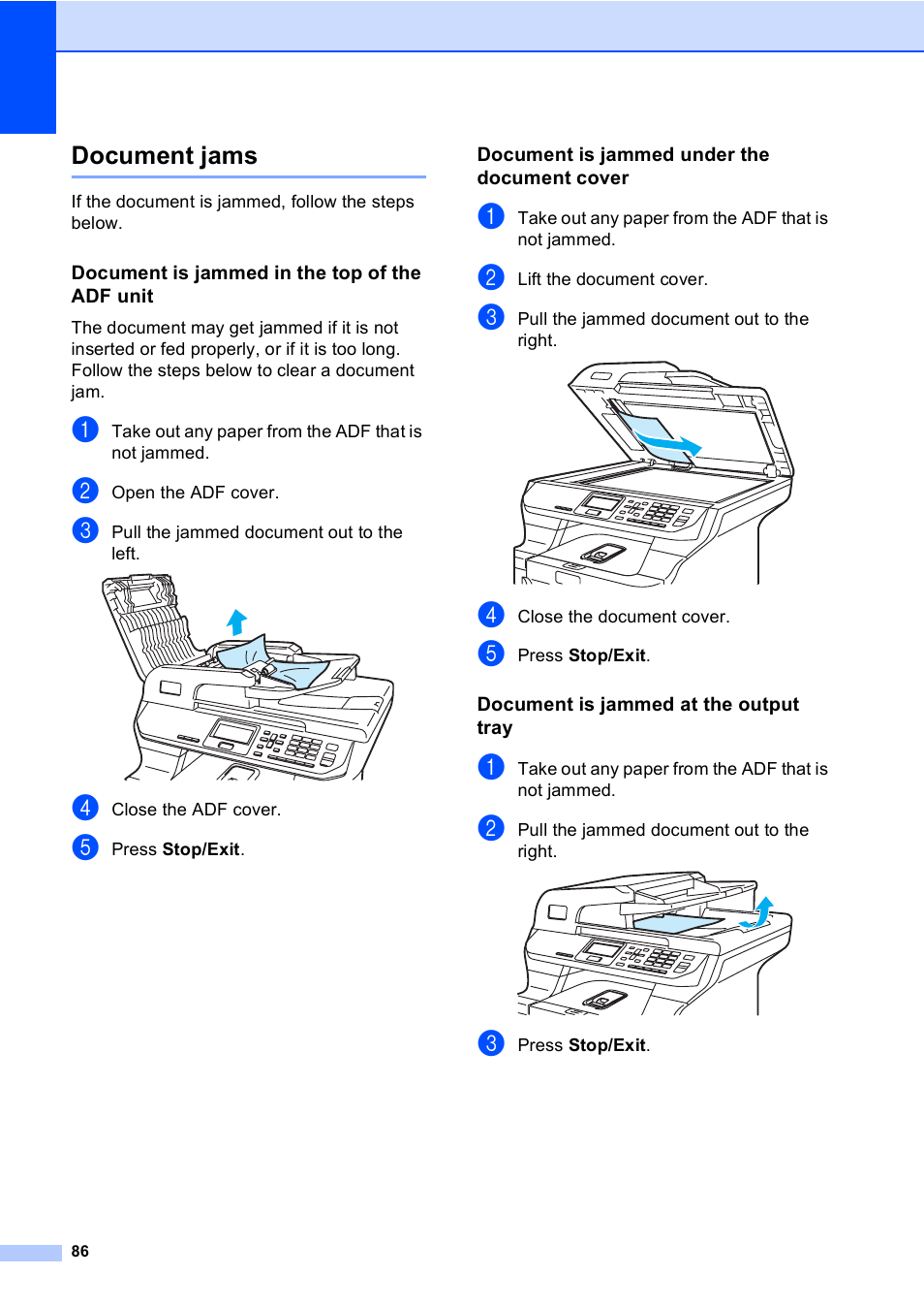 Document jams, Document is jammed in the top of the adf unit, Document is jammed under the document cover | Document is jammed at the output tray | Brother DCP-9045CDN User Manual | Page 100 / 192