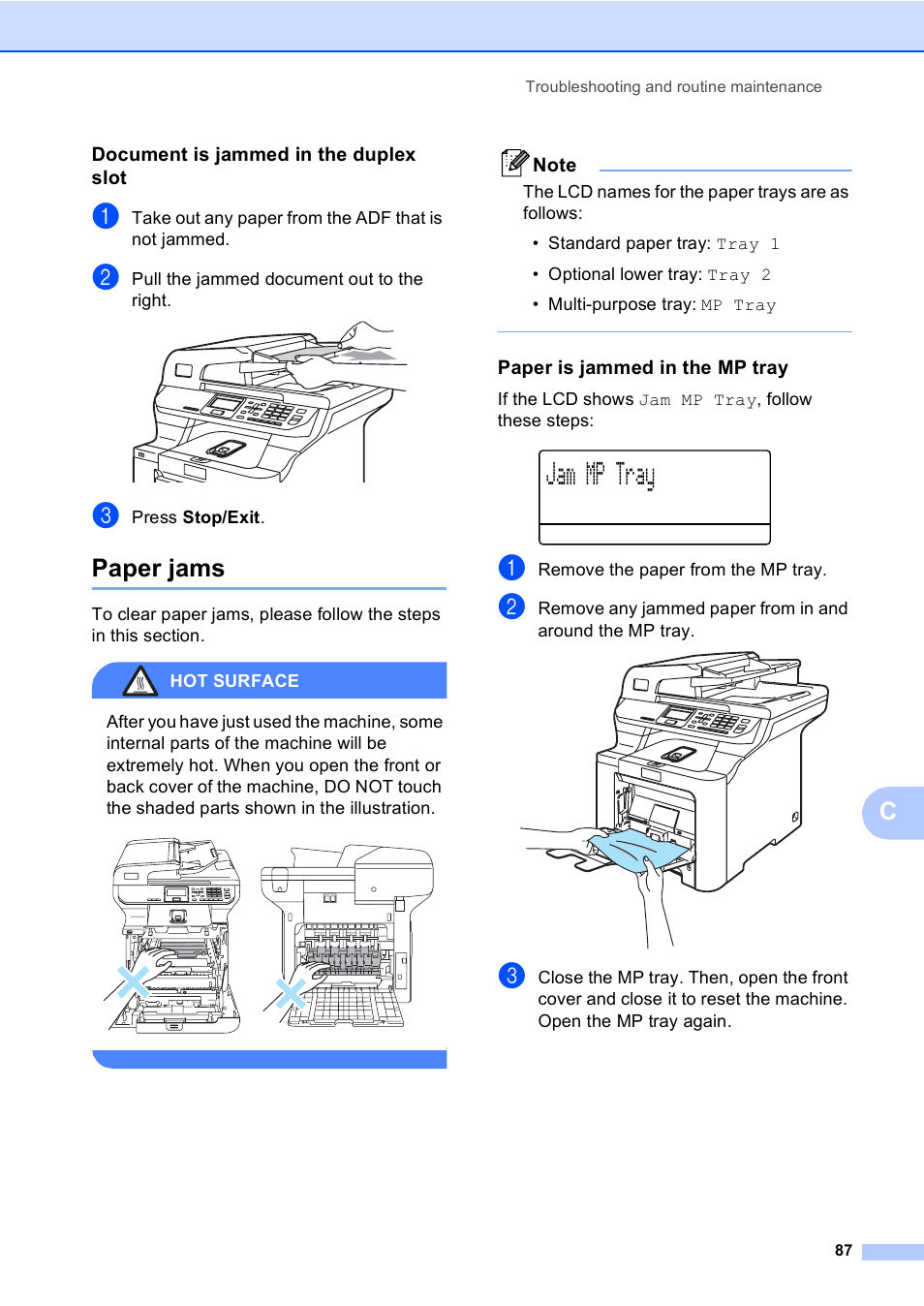 Document is jammed in the duplex slot, Paper jams, Paper is jammed in the mp tray | Jam mp tray | Brother DCP-9045CDN User Manual | Page 101 / 192