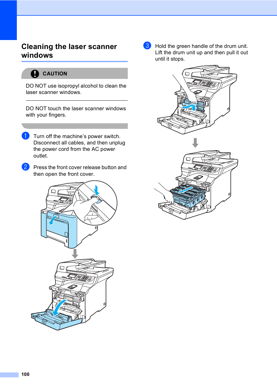 Cleaning the laser scanner windows, Caution | Brother DCP-9045CDN User Manual | Page 114 / 192