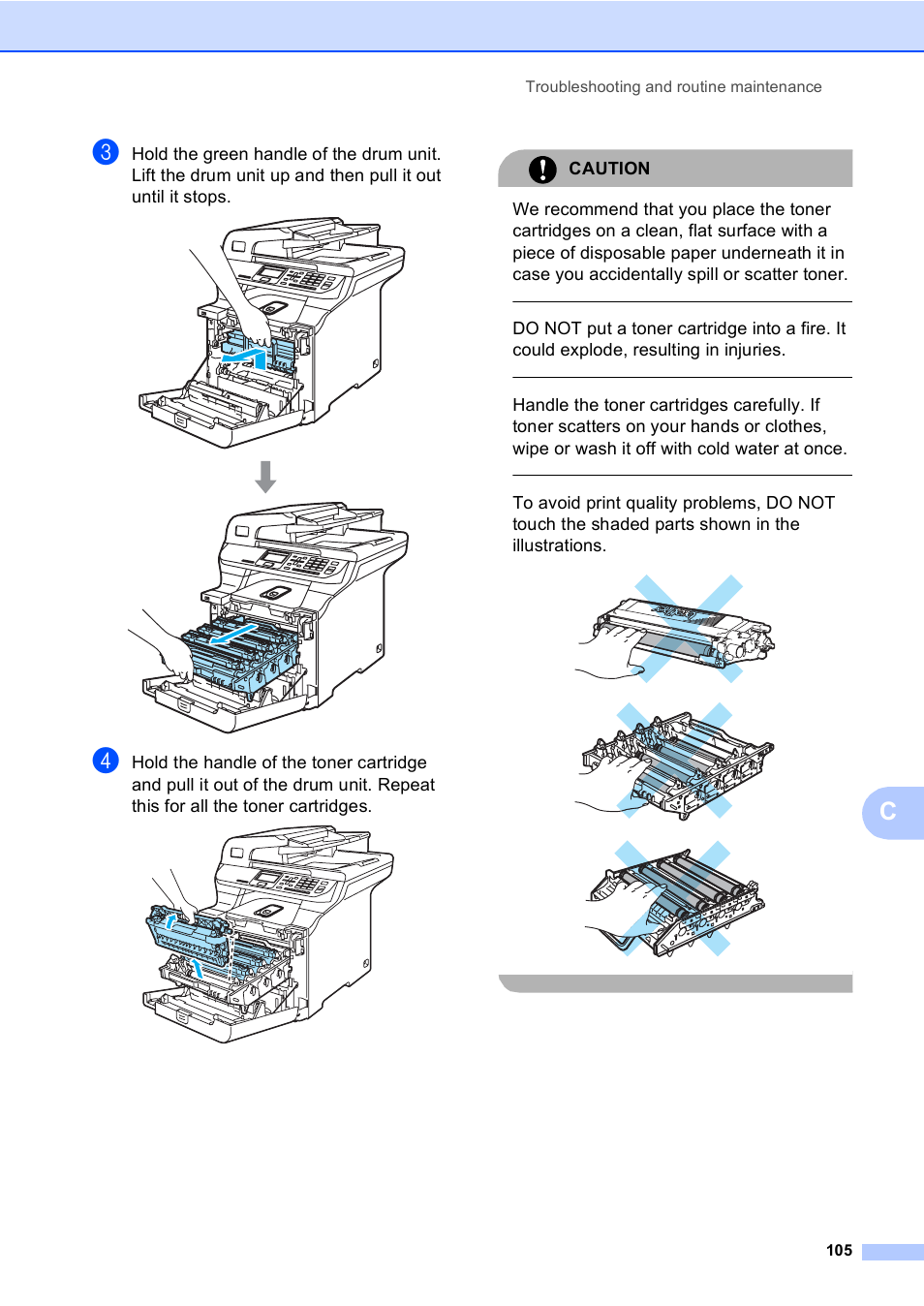 Caution, Troubleshooting and routine maintenance 105 | Brother DCP-9045CDN User Manual | Page 119 / 192