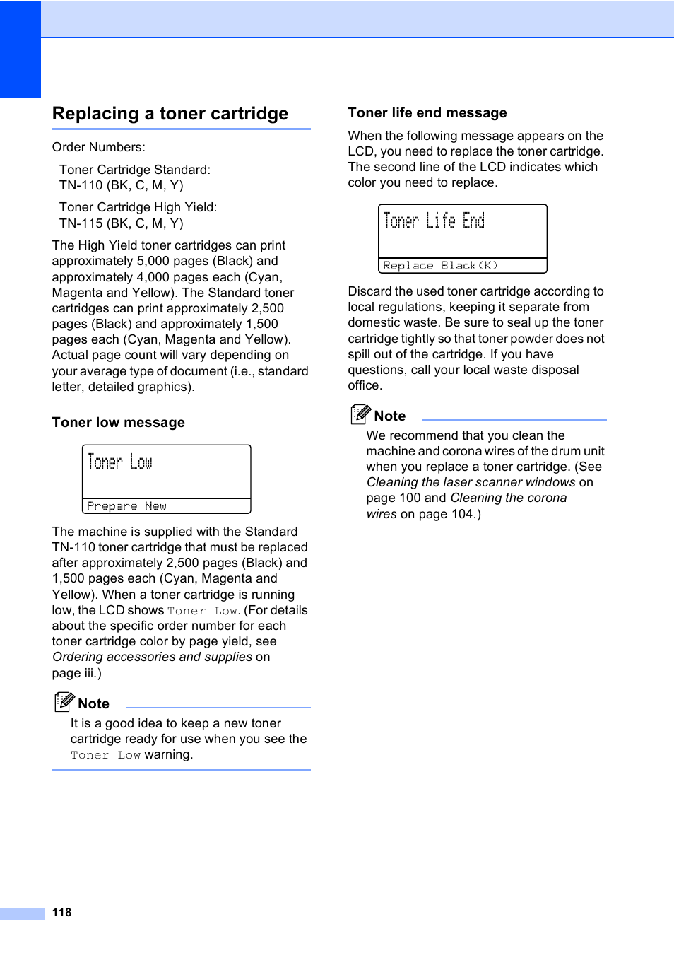 Replacing a toner cartridge, Toner low message, Toner life end message | Toner low, Toner life end | Brother DCP-9045CDN User Manual | Page 132 / 192