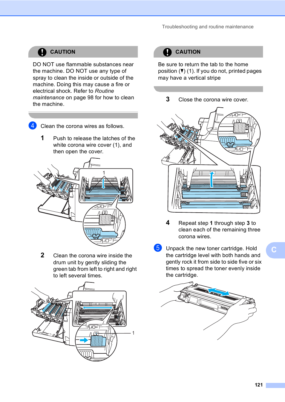 Caution, Clean the corona wires as follows, Close the corona wire cover | Brother DCP-9045CDN User Manual | Page 135 / 192