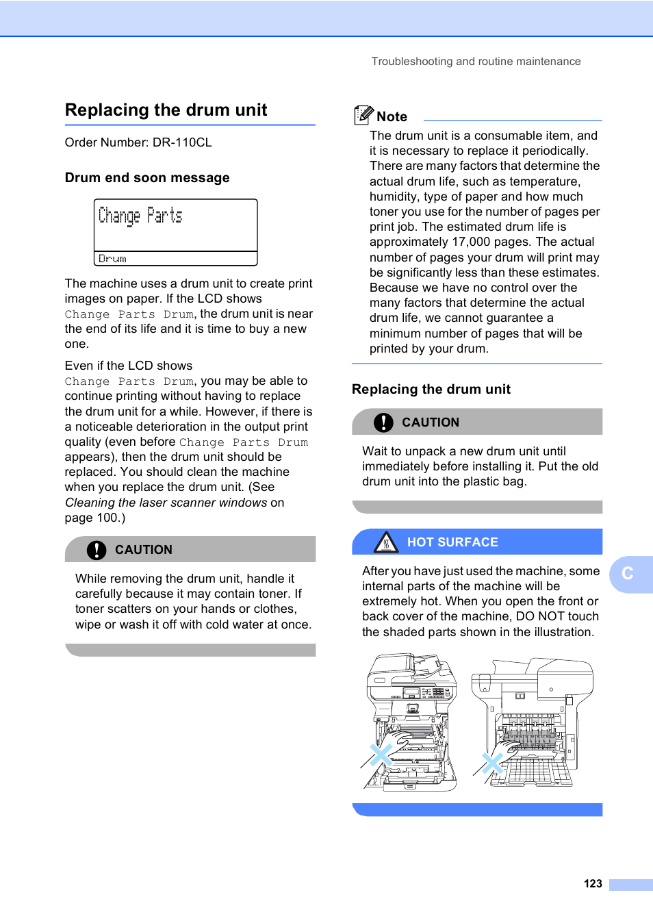 Replacing the drum unit, Drum end soon message, Change parts | Creplacing the drum unit, Order number: dr-110cl, Caution, Hot surface | Brother DCP-9045CDN User Manual | Page 137 / 192