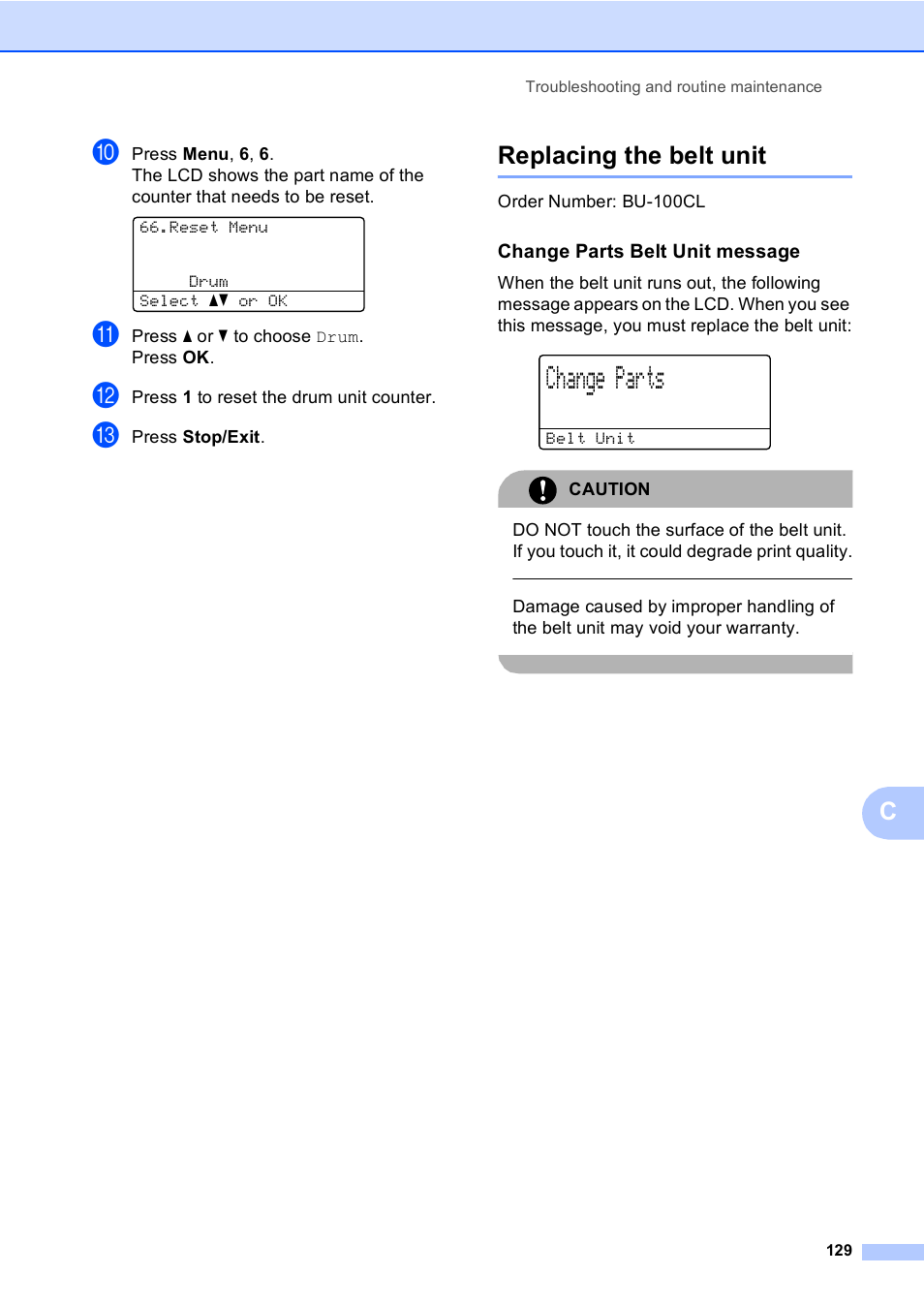 Replacing the belt unit, Change parts belt unit message, Change parts | Brother DCP-9045CDN User Manual | Page 143 / 192