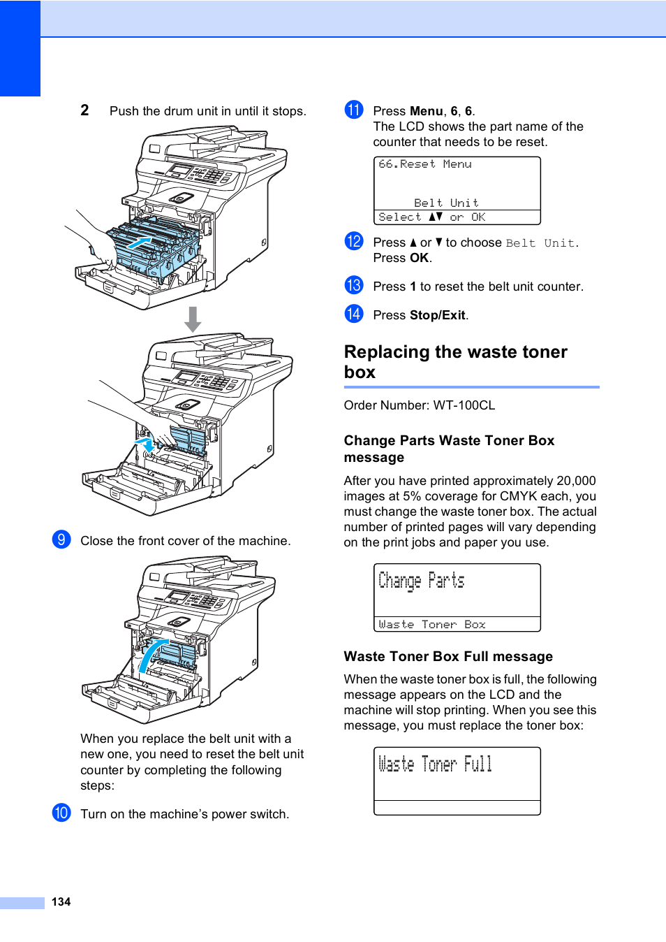 Replacing the waste toner box, Change parts waste toner box message, Waste toner box full message | Change parts, Waste toner full | Brother DCP-9045CDN User Manual | Page 148 / 192