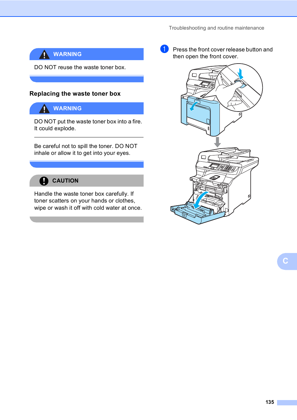 Replacing the waste toner box, Warning, Do not reuse the waste toner box | Caution, Troubleshooting and routine maintenance 135 | Brother DCP-9045CDN User Manual | Page 149 / 192