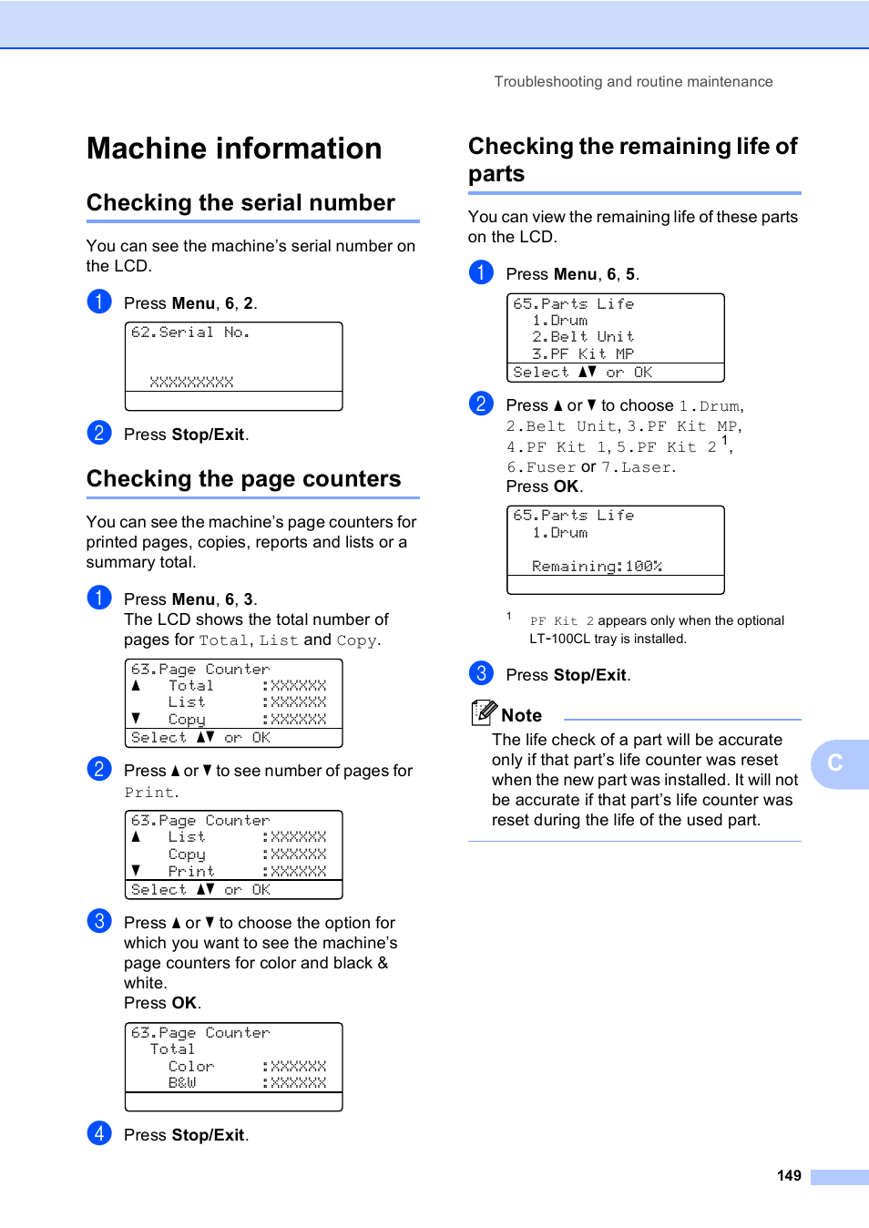 Machine information, Checking the serial number, Checking the remaining life of parts | Checking the page counters | Brother DCP-9045CDN User Manual | Page 163 / 192