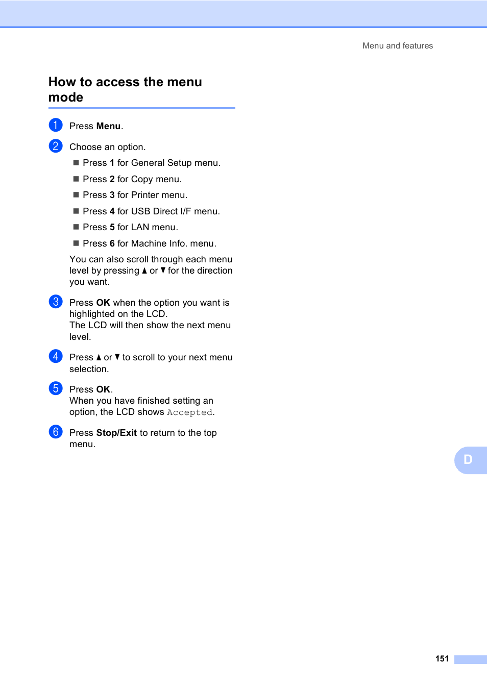 How to access the menu mode, Dhow to access the menu mode | Brother DCP-9045CDN User Manual | Page 165 / 192