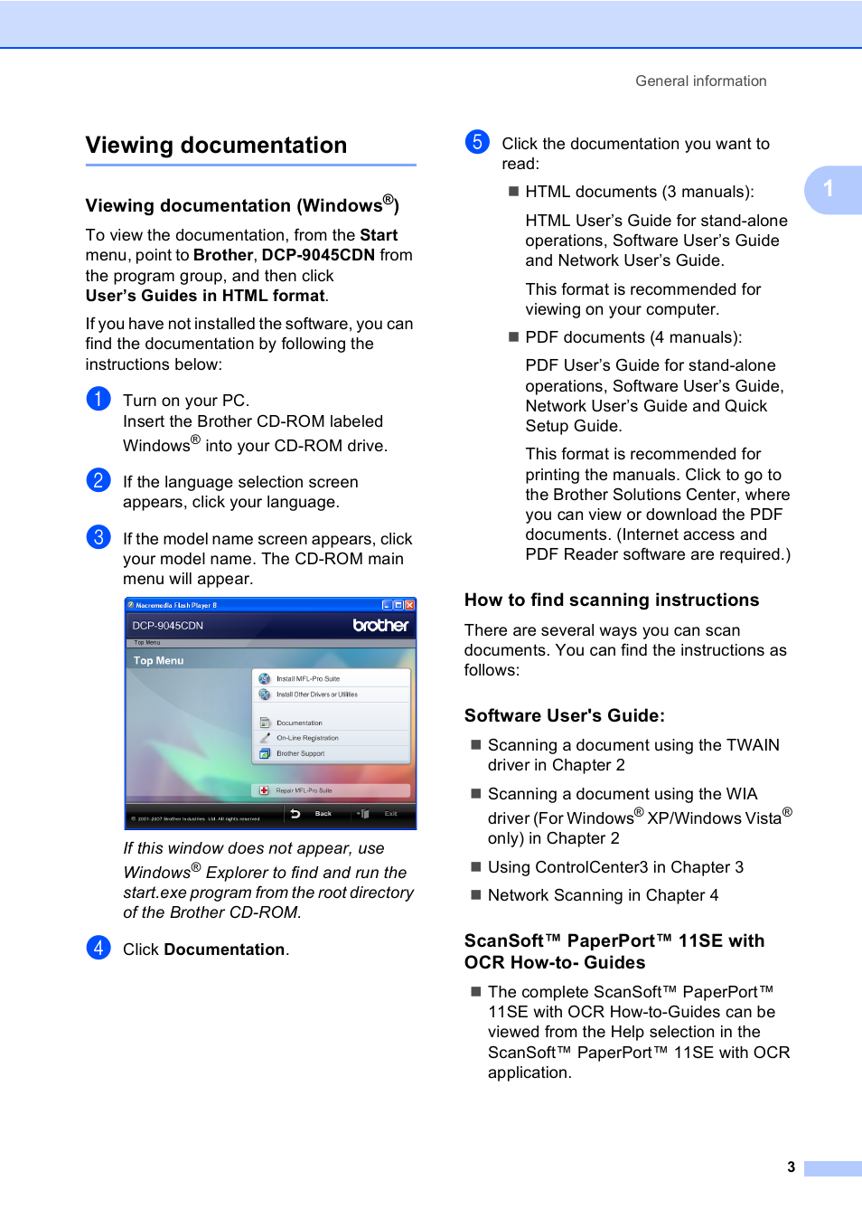 Viewing documentation, Viewing documentation (windows®), How to find scanning instructions | Software user's guide, Scansoft™ paperport™ 11se with ocr how-to- guides, 1viewing documentation | Brother DCP-9045CDN User Manual | Page 17 / 192