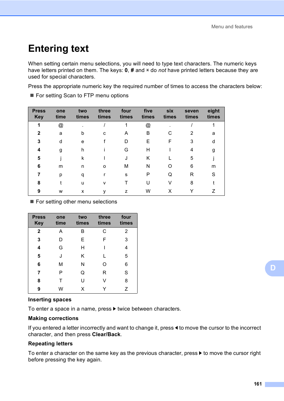 Entering text | Brother DCP-9045CDN User Manual | Page 175 / 192