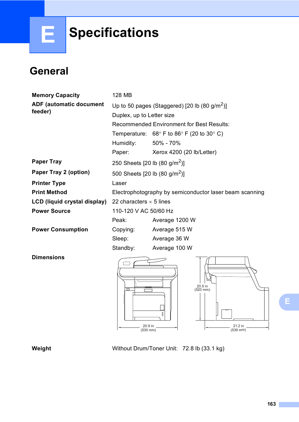 E specifications, General, Specifications | Brother DCP-9045CDN User Manual | Page 177 / 192