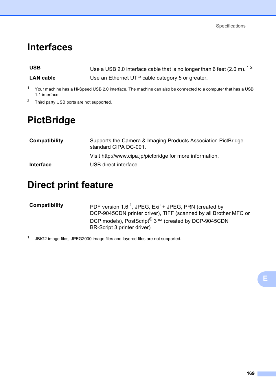 Interfaces, Pictbridge, Direct print feature | Interfaces pictbridge direct print feature | Brother DCP-9045CDN User Manual | Page 183 / 192