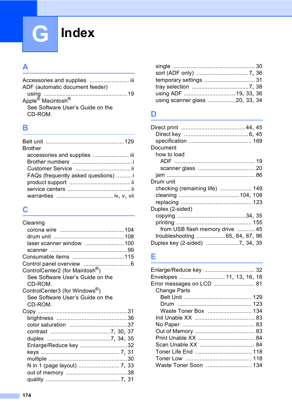 Index | Brother DCP-9045CDN User Manual | Page 188 / 192