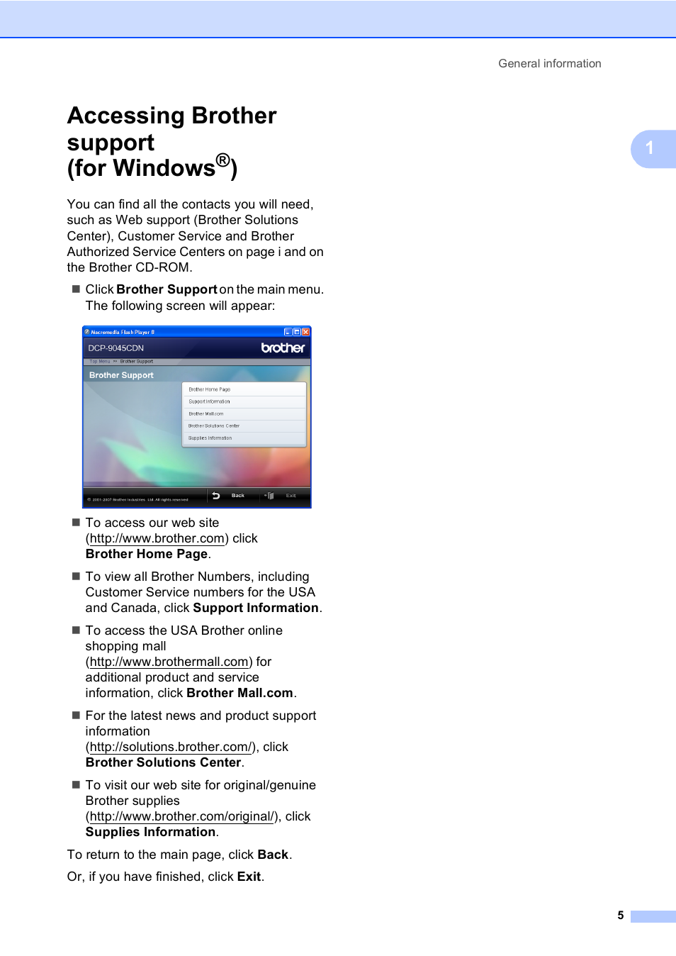 Accessing brother support (for windows®), Accessing brother support (for windows | Brother DCP-9045CDN User Manual | Page 19 / 192