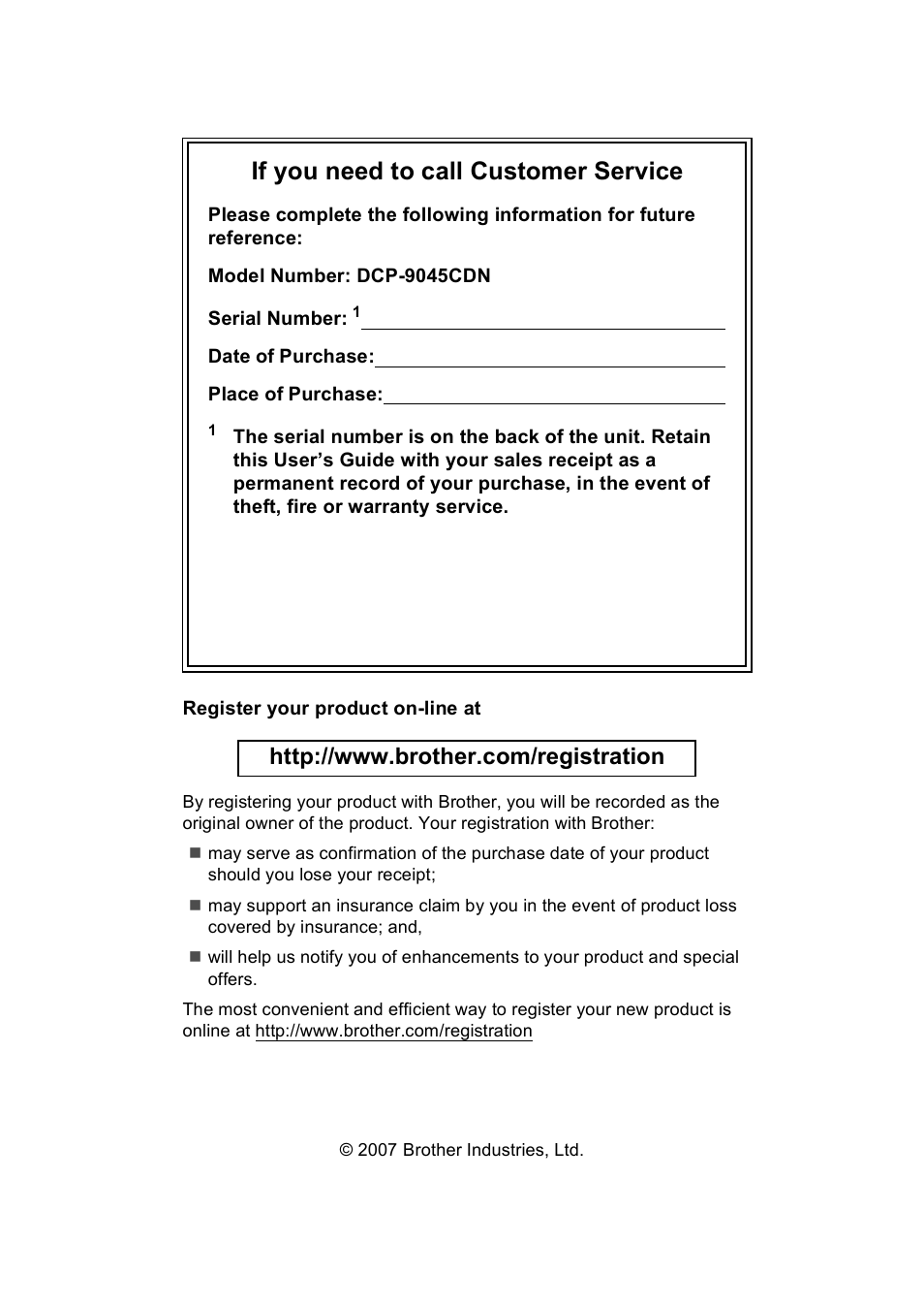 If you need to call customer service | Brother DCP-9045CDN User Manual | Page 2 / 192