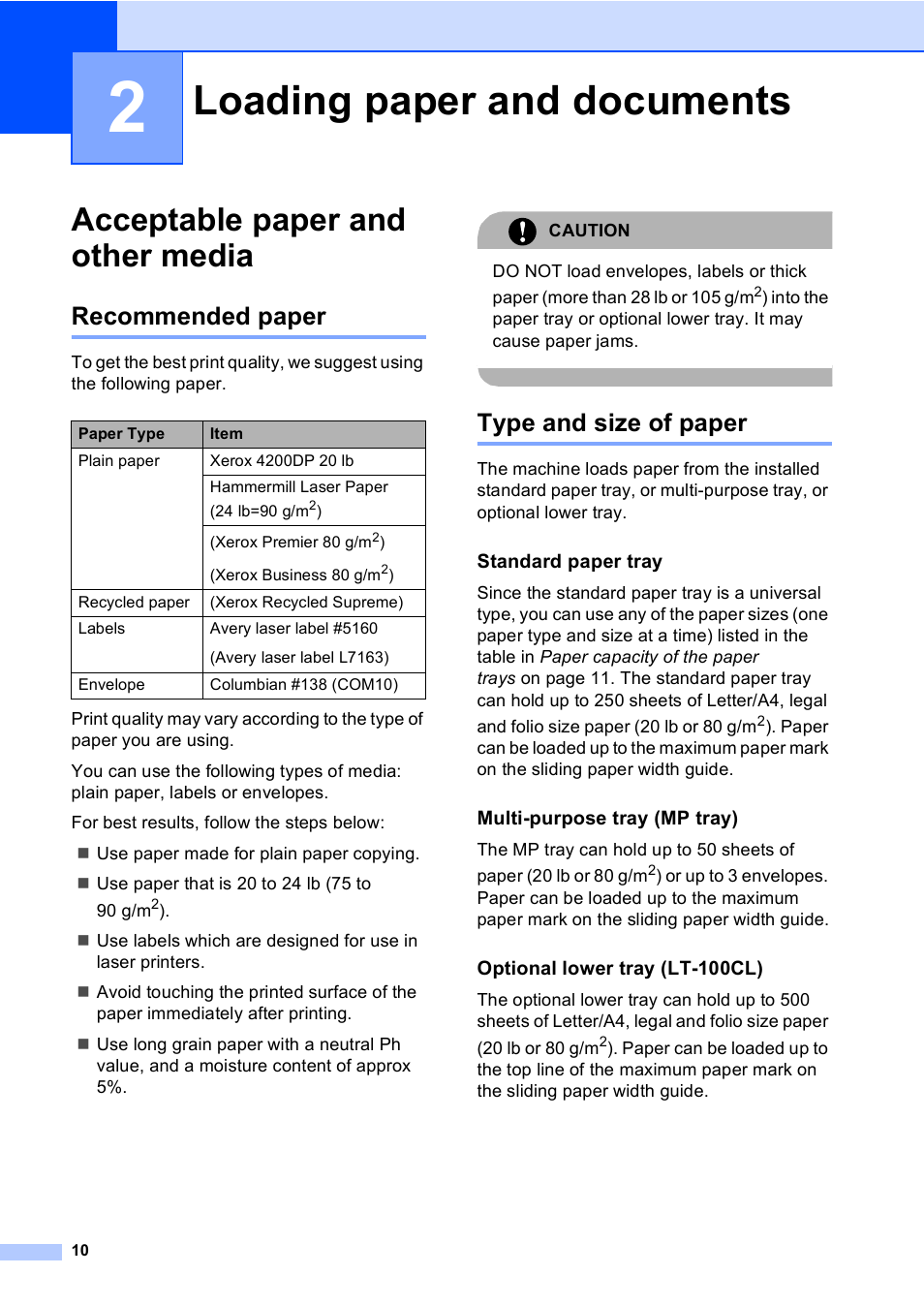 2 loading paper and documents, Acceptable paper and other media, Recommended paper | Type and size of paper, Standard paper tray, Multi-purpose tray (mp tray), Optional lower tray (lt-100cl), Loading paper and documents, Recommended paper type and size of paper | Brother DCP-9045CDN User Manual | Page 24 / 192