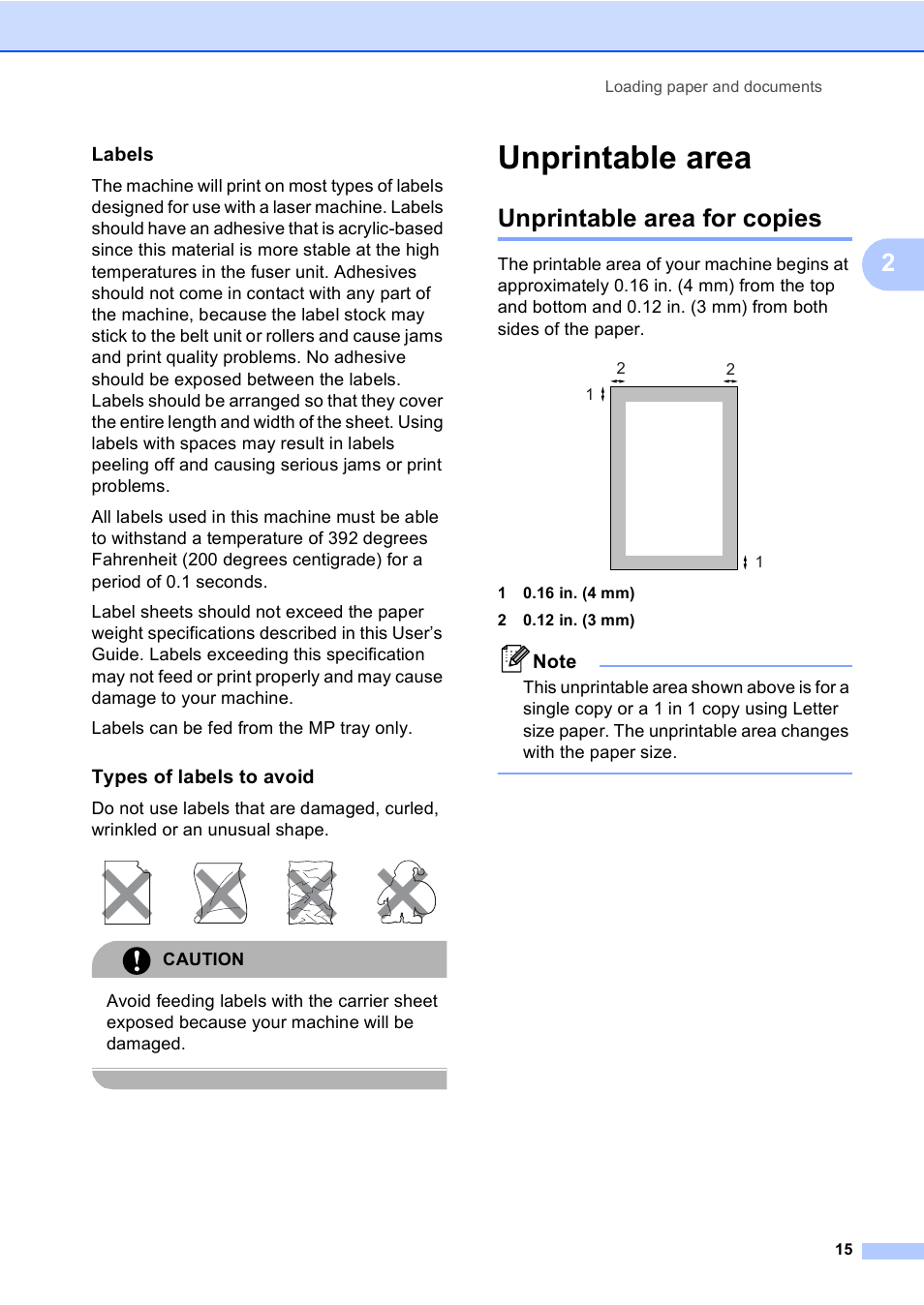 Labels, Types of labels to avoid, Unprintable area | Unprintable area for copies, Caution | Brother DCP-9045CDN User Manual | Page 29 / 192