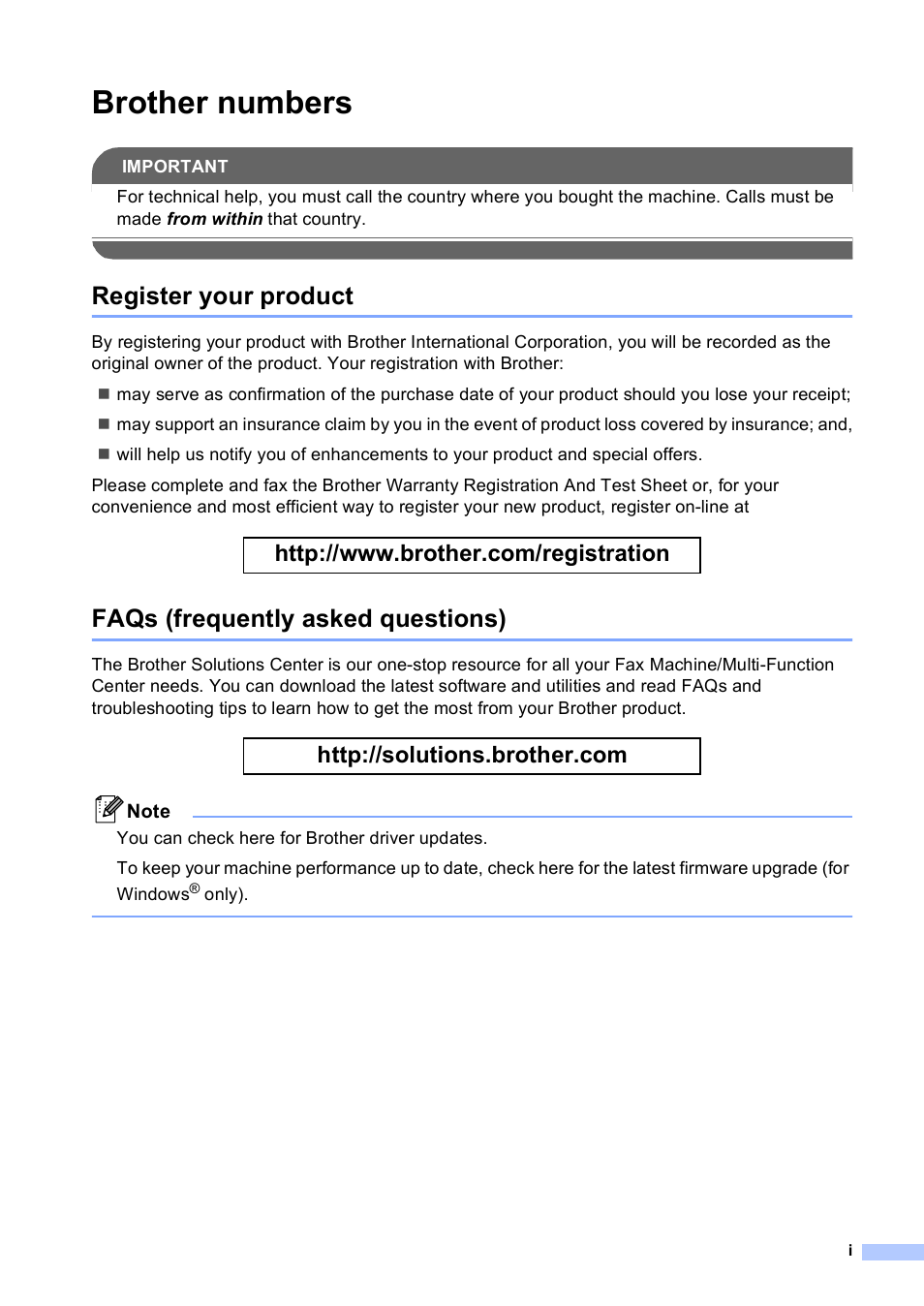 Brother numbers, Register your product, Faqs (frequently asked questions) | Brother DCP-9045CDN User Manual | Page 3 / 192