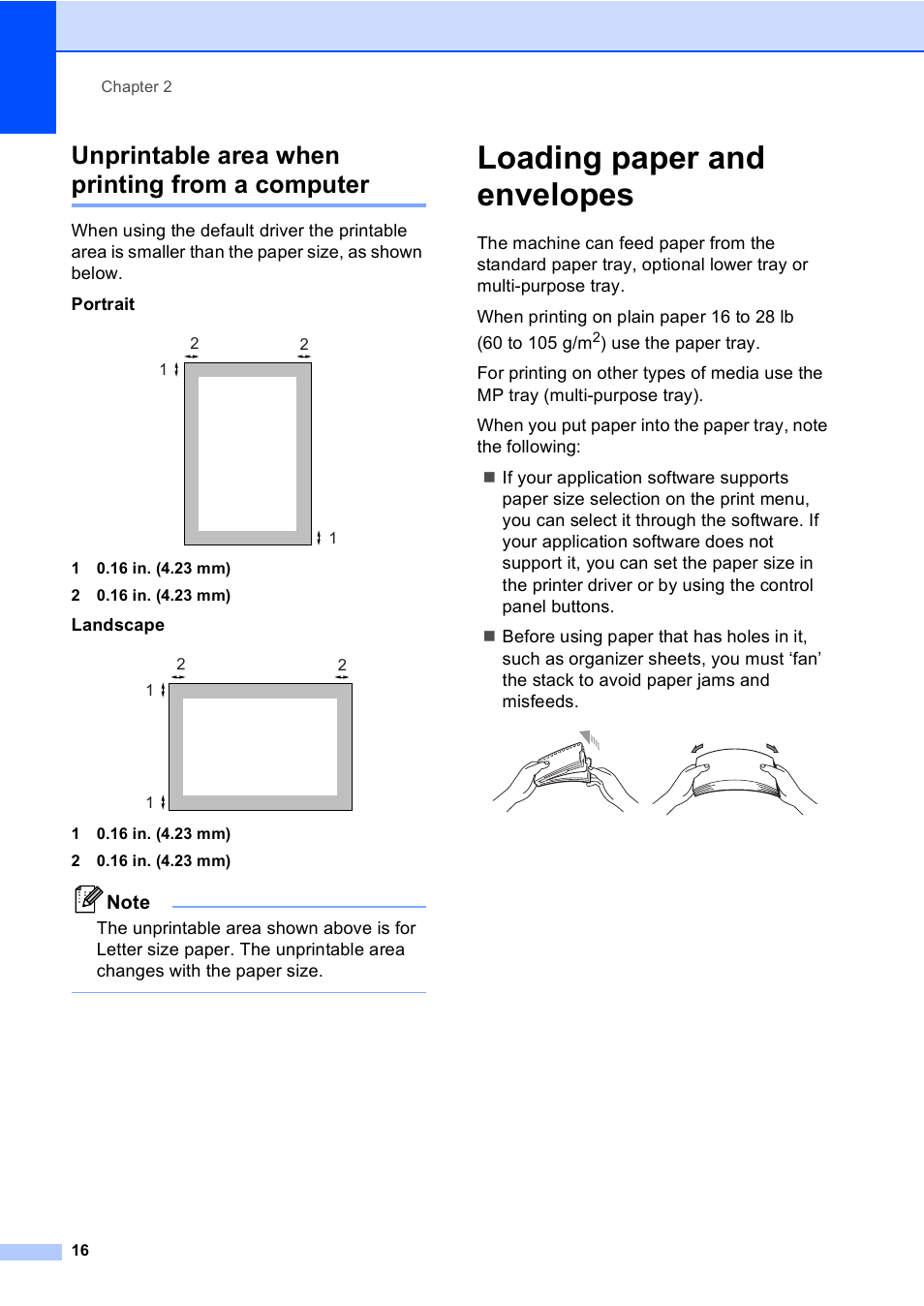 Unprintable area when printing from a computer, Loading paper and envelopes | Brother DCP-9045CDN User Manual | Page 30 / 192