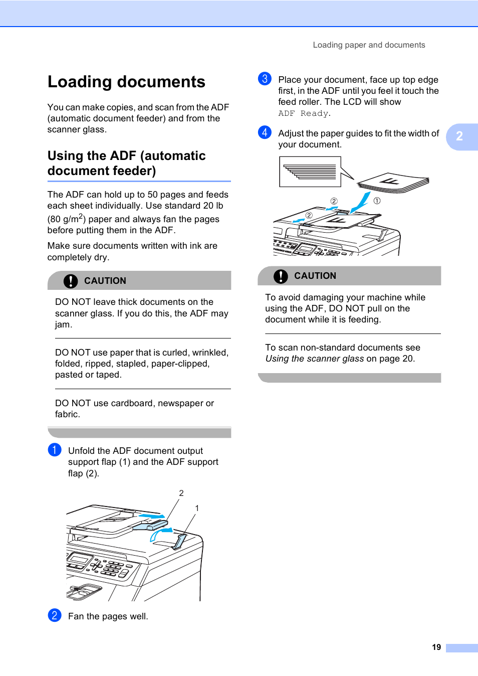 Loading documents, Using the adf (automatic document feeder), Do not use cardboard, newspaper or fabric | Fan the pages well, Caution | Brother DCP-9045CDN User Manual | Page 33 / 192