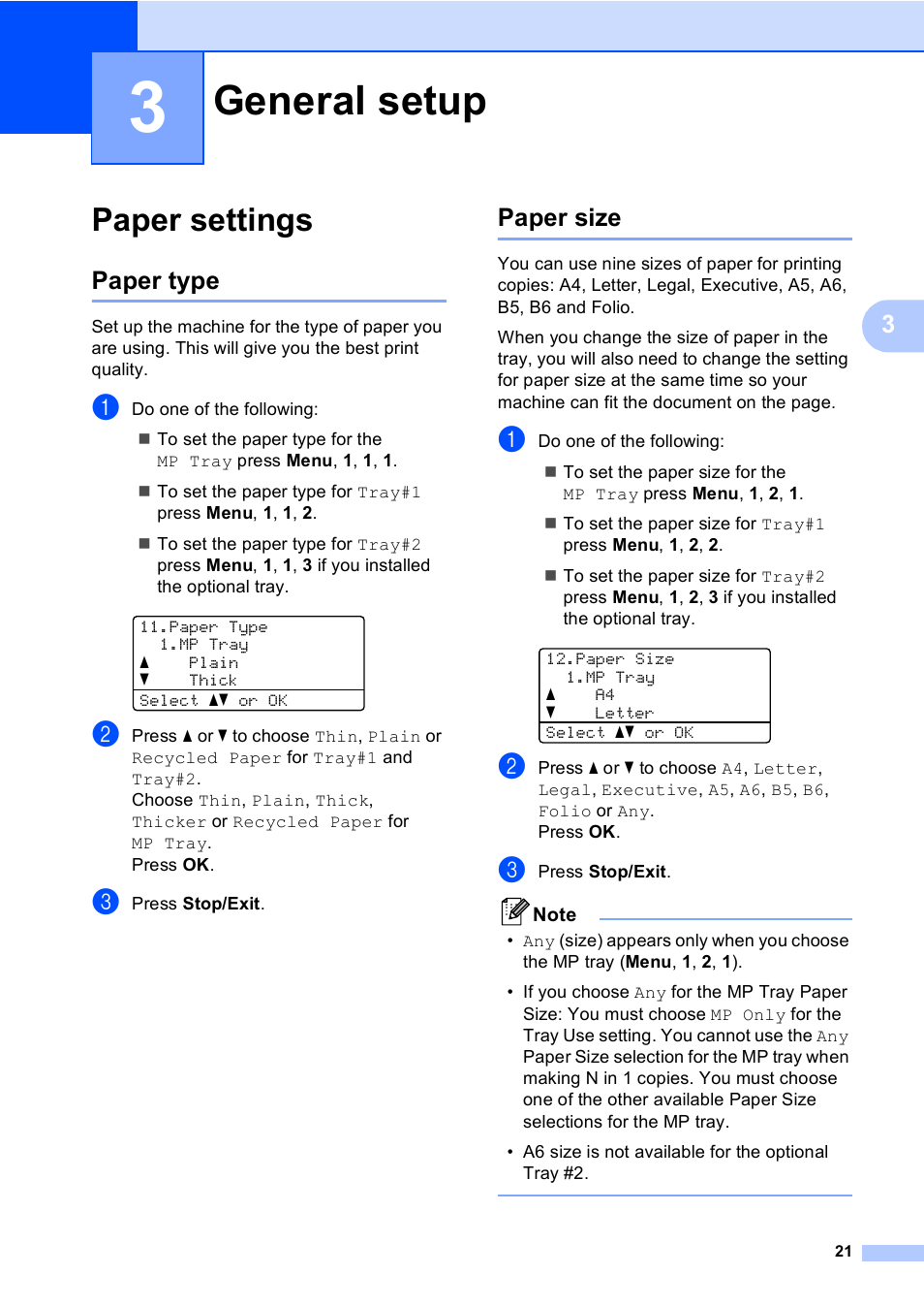 3 general setup, Paper settings, Paper type | Paper size, General setup, Paper type paper size | Brother DCP-9045CDN User Manual | Page 35 / 192