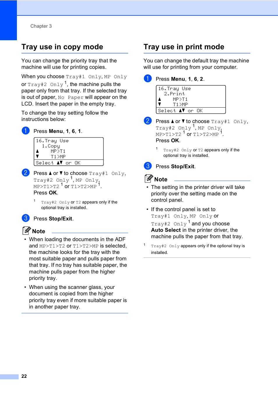 Tray use in copy mode, Tray use in print mode, Tray use in copy mode tray use in print mode | Brother DCP-9045CDN User Manual | Page 36 / 192