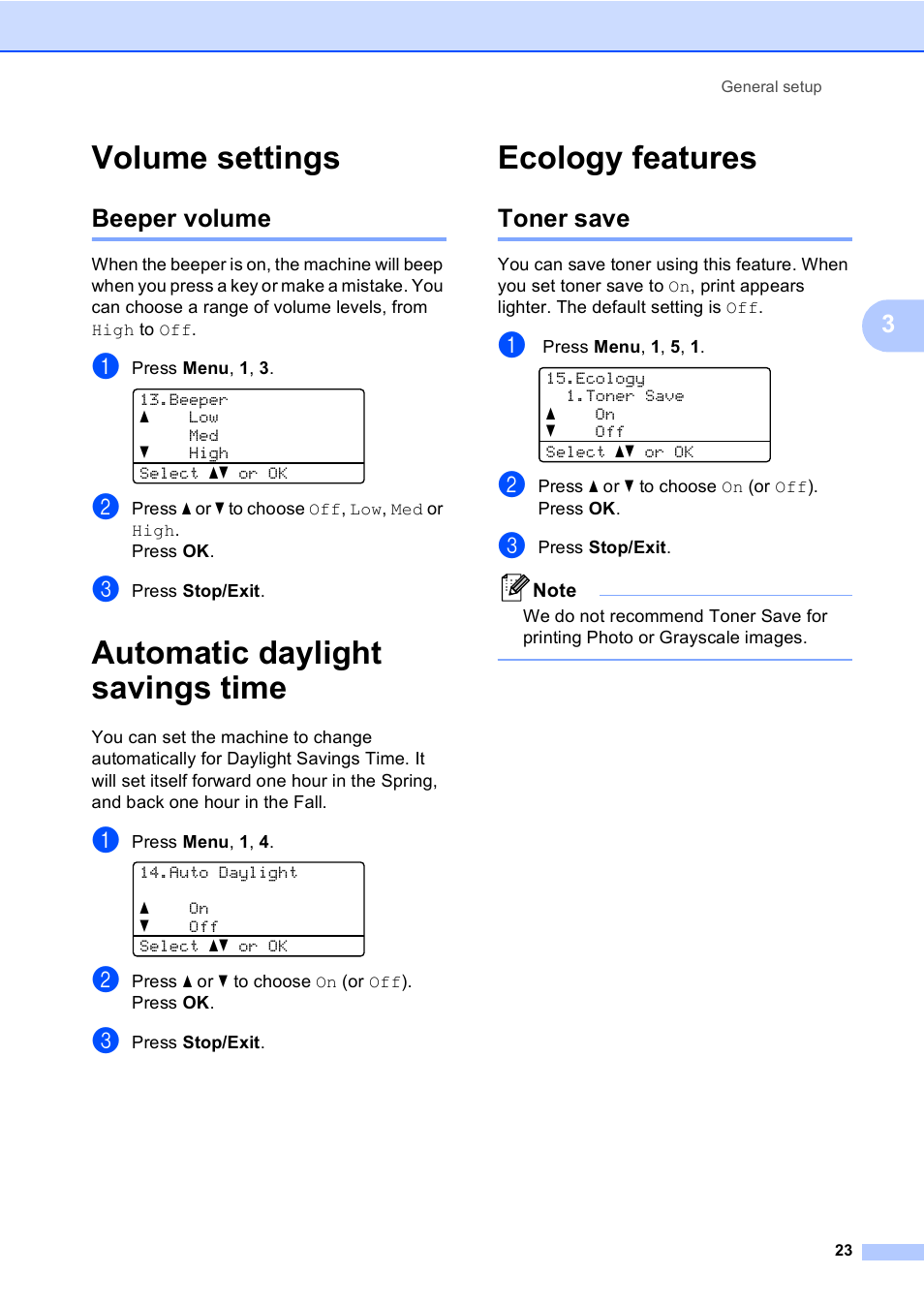 Volume settings, Beeper volume, Automatic daylight savings time | Ecology features, Toner save, Automatic daylight savings time ecology features | Brother DCP-9045CDN User Manual | Page 37 / 192