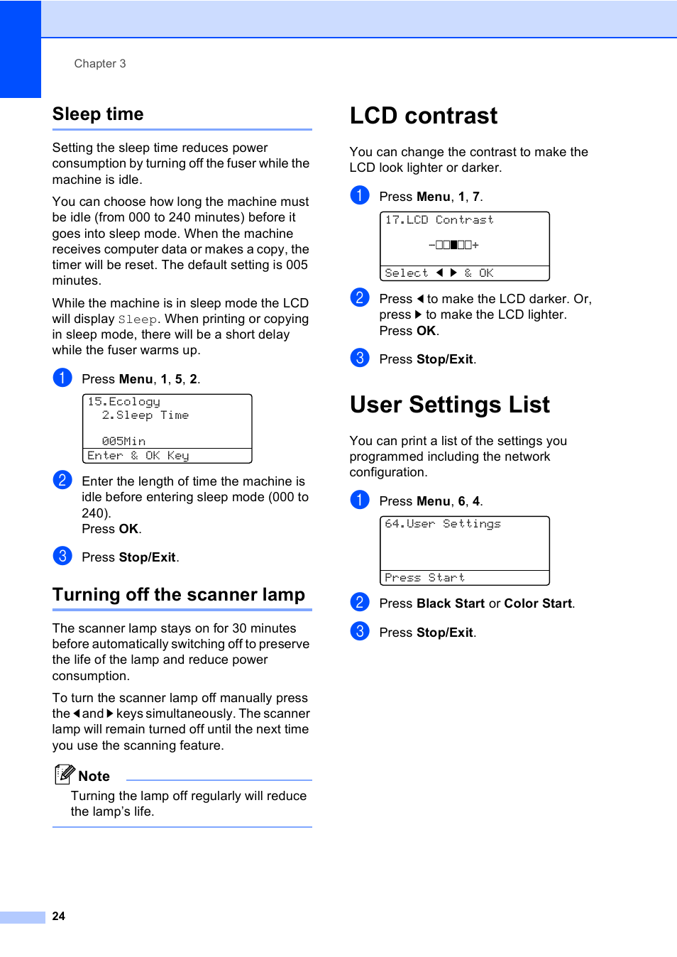 Sleep time, Turning off the scanner lamp, Lcd contrast | User settings list, Sleep time turning off the scanner lamp, Lcd contrast user settings list | Brother DCP-9045CDN User Manual | Page 38 / 192