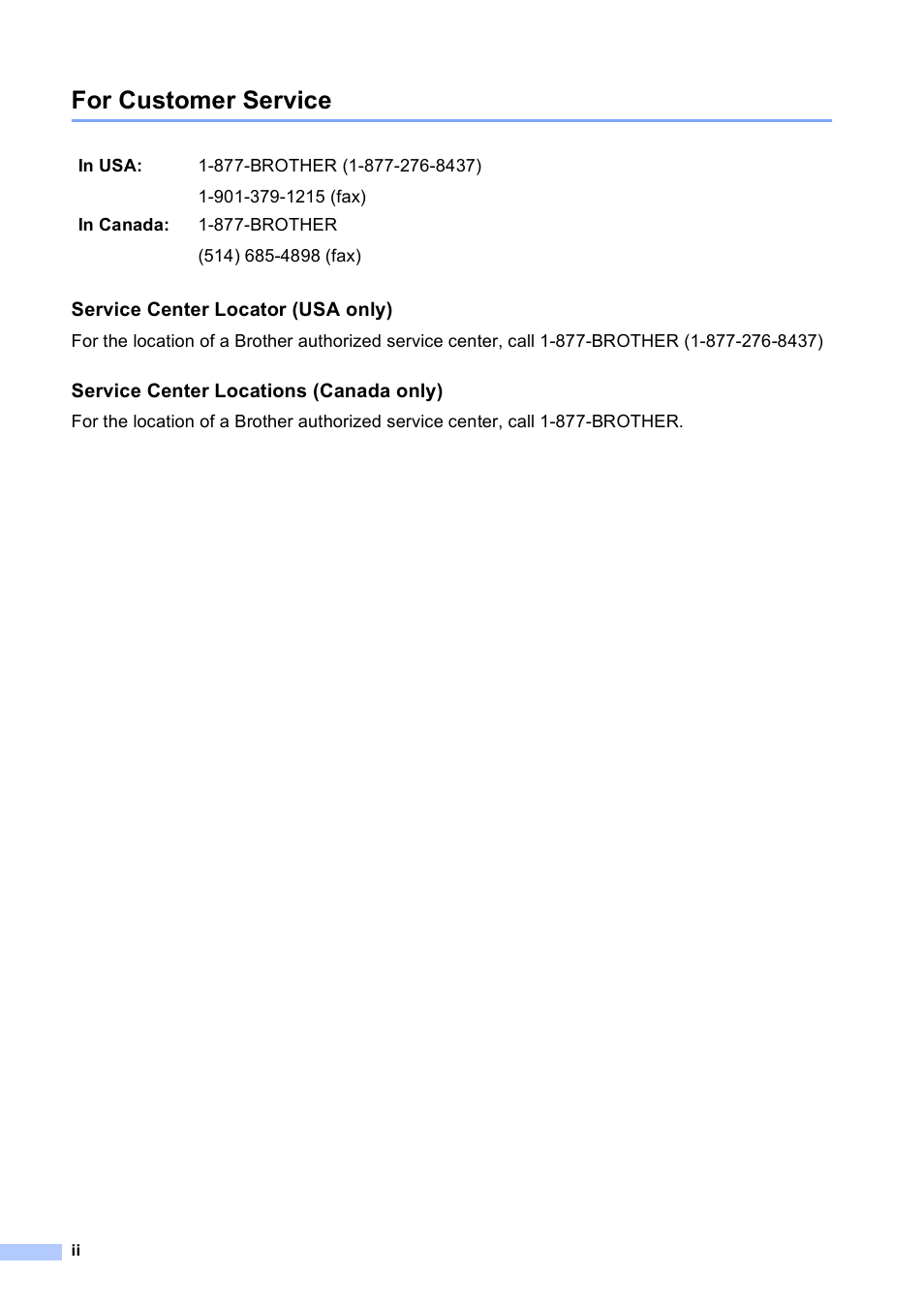 For customer service | Brother DCP-9045CDN User Manual | Page 4 / 192