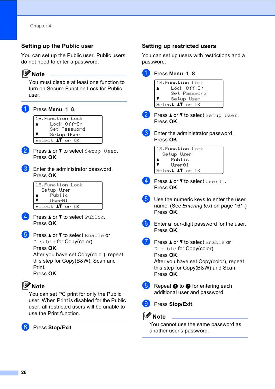 Setting up the public user, Setting up restricted users | Brother DCP-9045CDN User Manual | Page 40 / 192