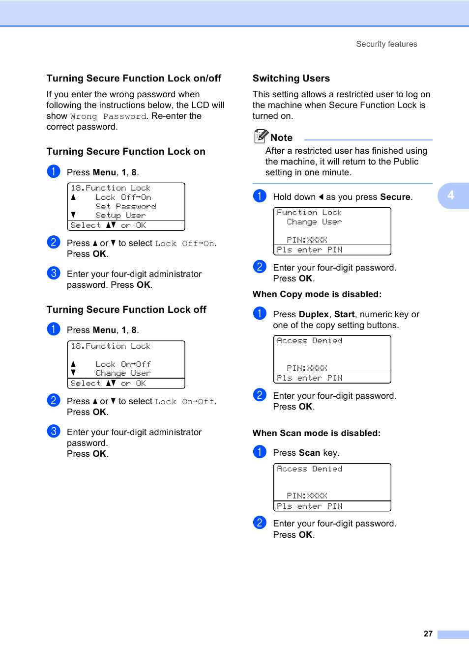 Turning secure function lock on/off, Turning secure function lock on, Turning secure function lock off | Switching users | Brother DCP-9045CDN User Manual | Page 41 / 192