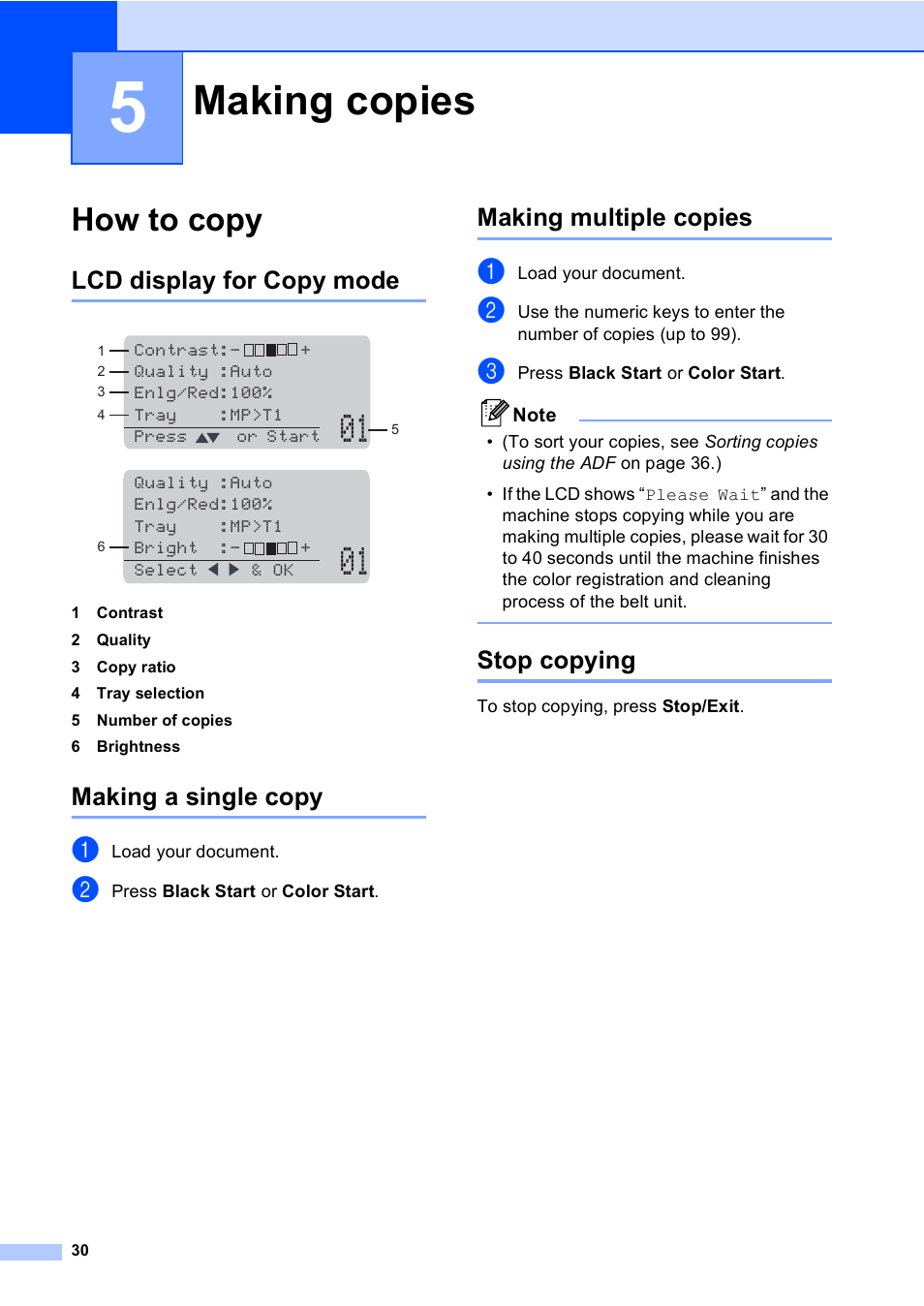 5 making copies, How to copy, Lcd display for copy mode | Making a single copy, Making multiple copies, Stop copying, Making copies | Brother DCP-9045CDN User Manual | Page 44 / 192