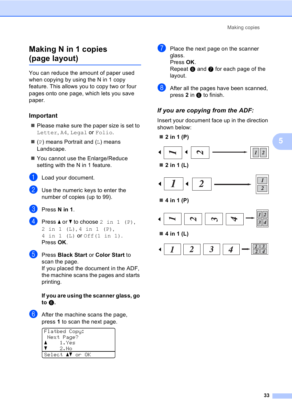 Important, If you are copying from the adf, 5making n in 1 copies (page layout) | Brother DCP-9045CDN User Manual | Page 47 / 192