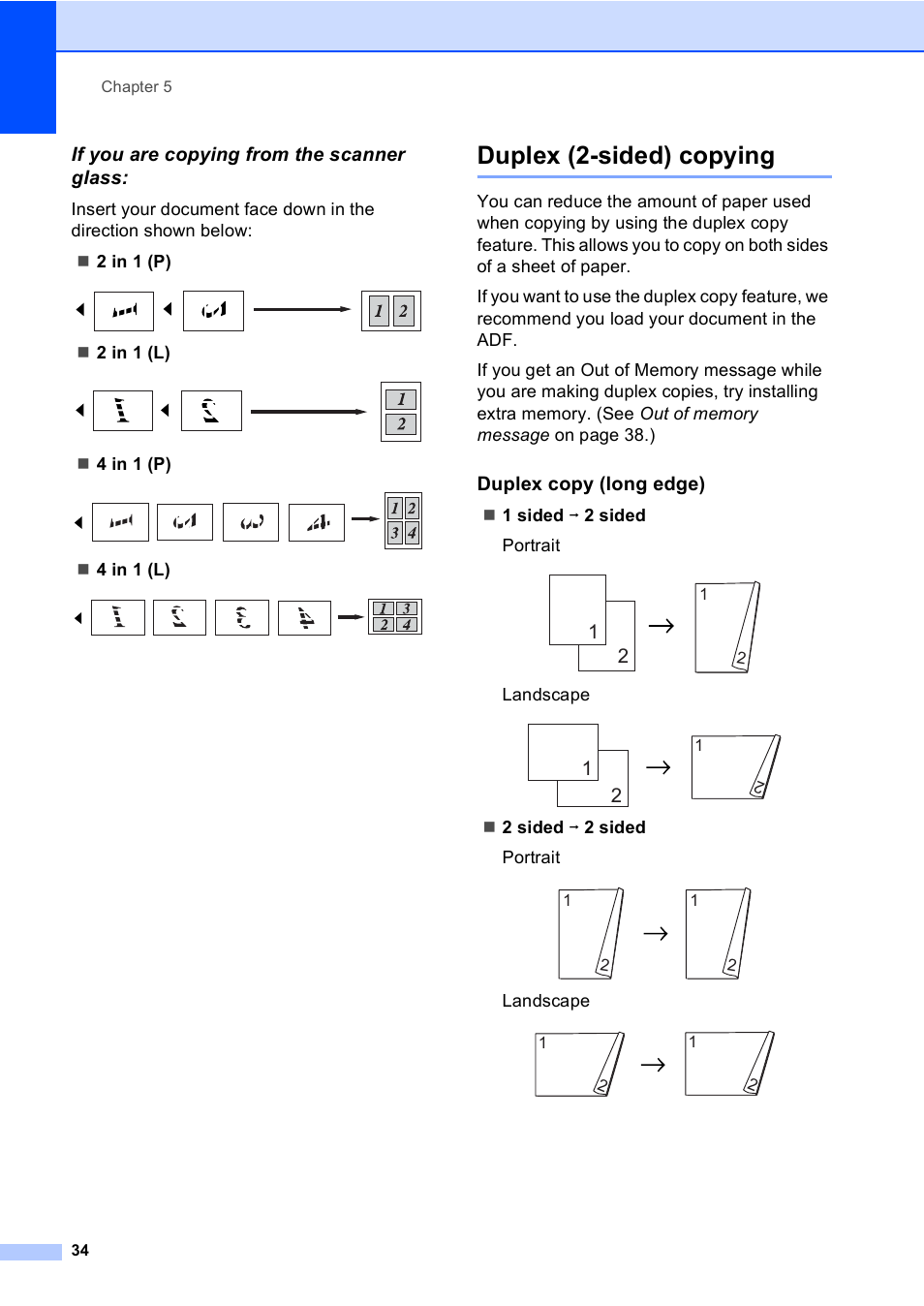 If you are copying from the scanner glass, Duplex (2-sided) copying, Duplex copy (long edge) | 2 in 1 (l), 4 in 1 (p), 4 in 1 (l), 1 sided i 2 sided portrait, Landscape, 2 sided i 2 sided portrait | Brother DCP-9045CDN User Manual | Page 48 / 192