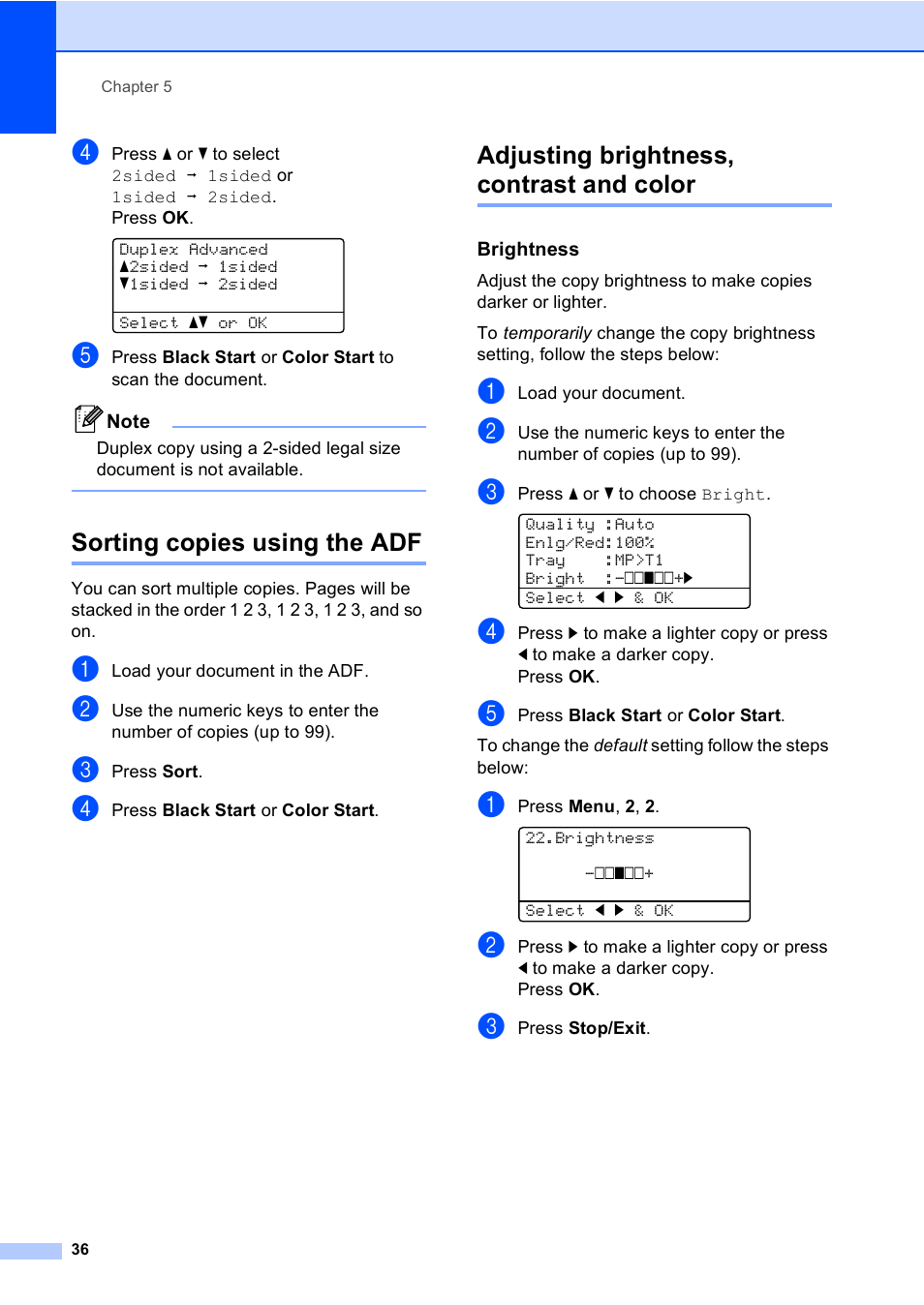 Sorting copies using the adf, Adjusting brightness, contrast and color, Brightness | Brother DCP-9045CDN User Manual | Page 50 / 192