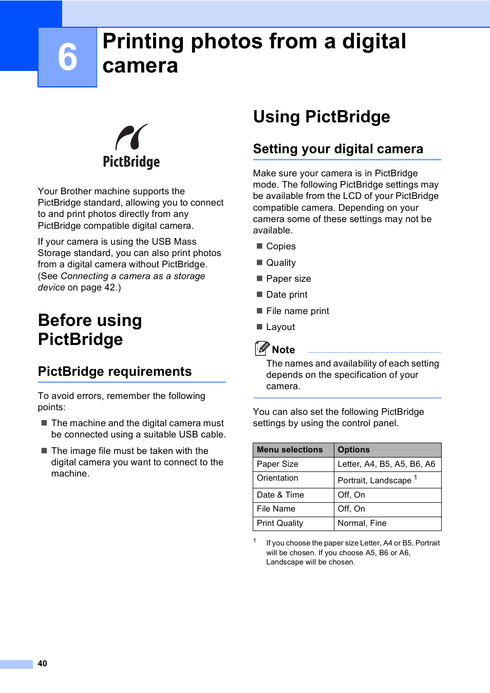 6 printing photos from a digital camera, Before using pictbridge, Pictbridge requirements | Using pictbridge, Setting your digital camera, Printing photos from a digital camera | Brother DCP-9045CDN User Manual | Page 54 / 192