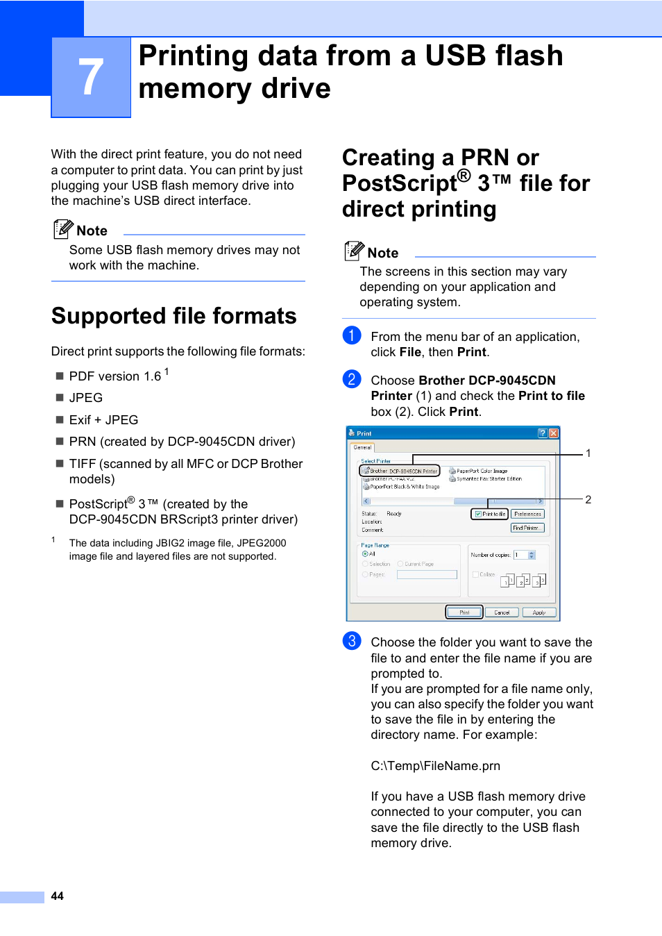 7 printing data from a usb flash memory drive, Supported file formats, Printing data from a usb flash memory drive | 3™ file for direct printing, Creating a prn or postscript | Brother DCP-9045CDN User Manual | Page 58 / 192