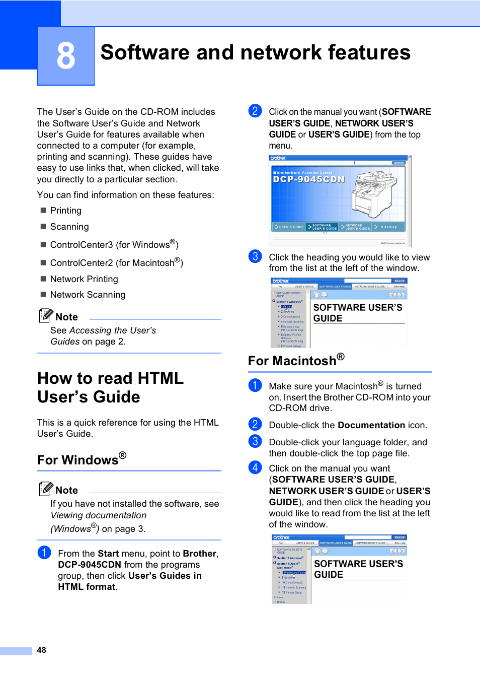 8 software and network features, How to read html user’s guide, For windows | For macintosh, Software and network features | Brother DCP-9045CDN User Manual | Page 62 / 192