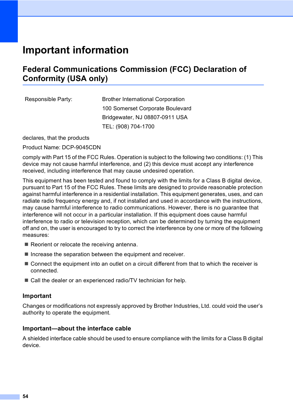 Important information, Important, Important-about the interface cable | Usa only) | Brother DCP-9045CDN User Manual | Page 68 / 192