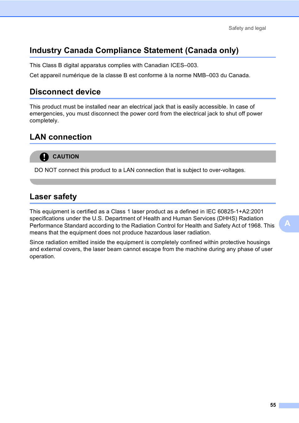 Industry canada compliance statement (canada only), Disconnect device, Lan connection | Laser safety | Brother DCP-9045CDN User Manual | Page 69 / 192