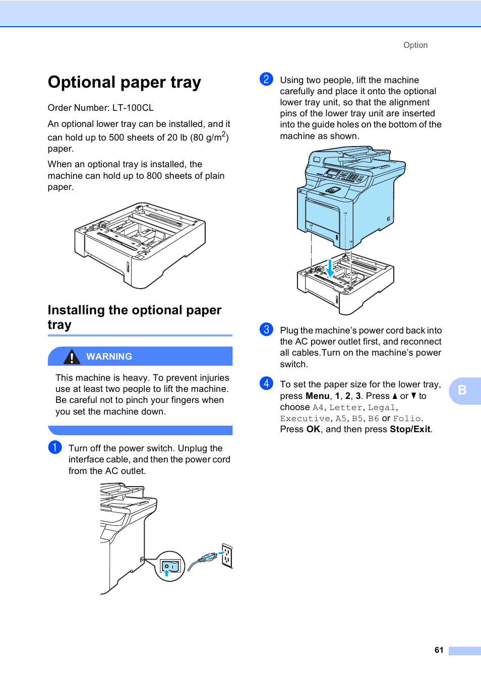 Optional paper tray, Installing the optional paper tray | Brother DCP-9045CDN User Manual | Page 75 / 192