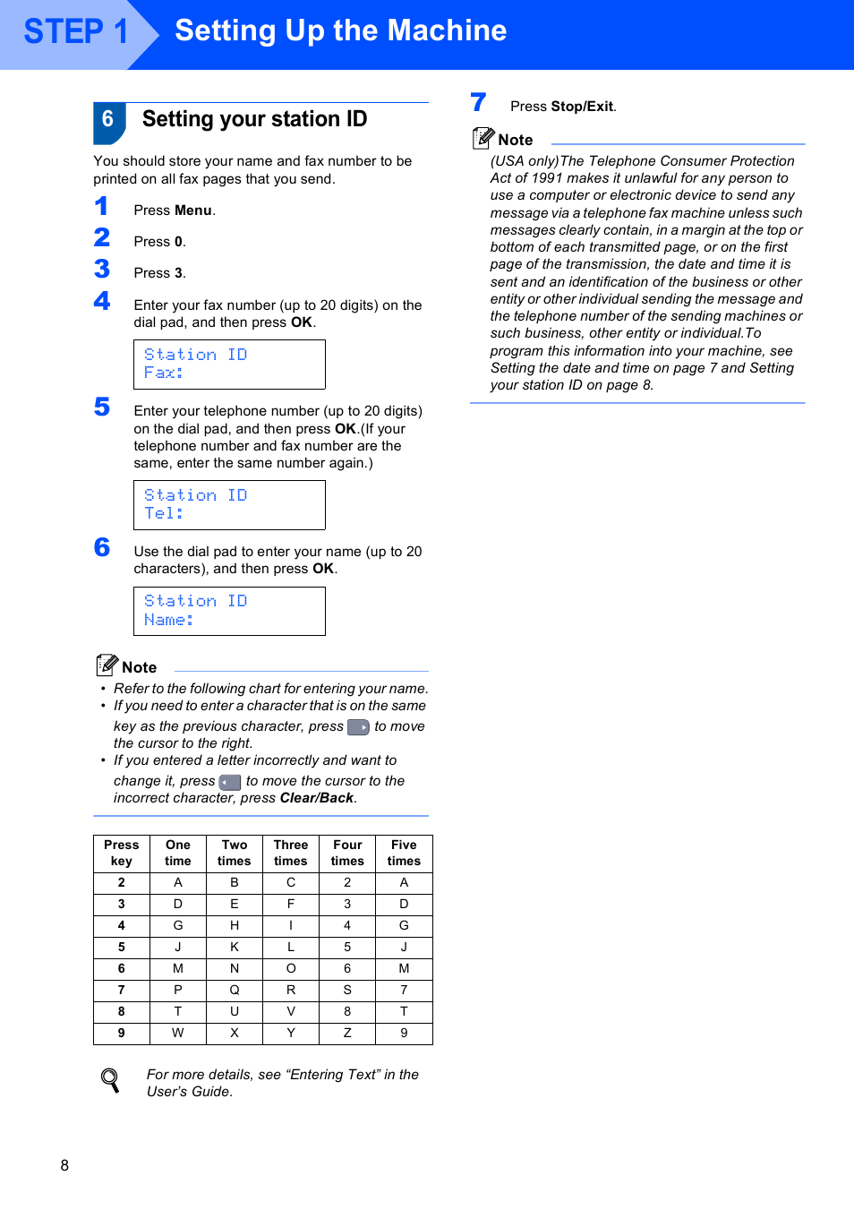 6 setting your station id, Setting your station id, Step 1 | Setting up the machine, 6setting your station id, Station id fax, Station id tel, Station id name | Brother MFC-9440CN User Manual | Page 10 / 34