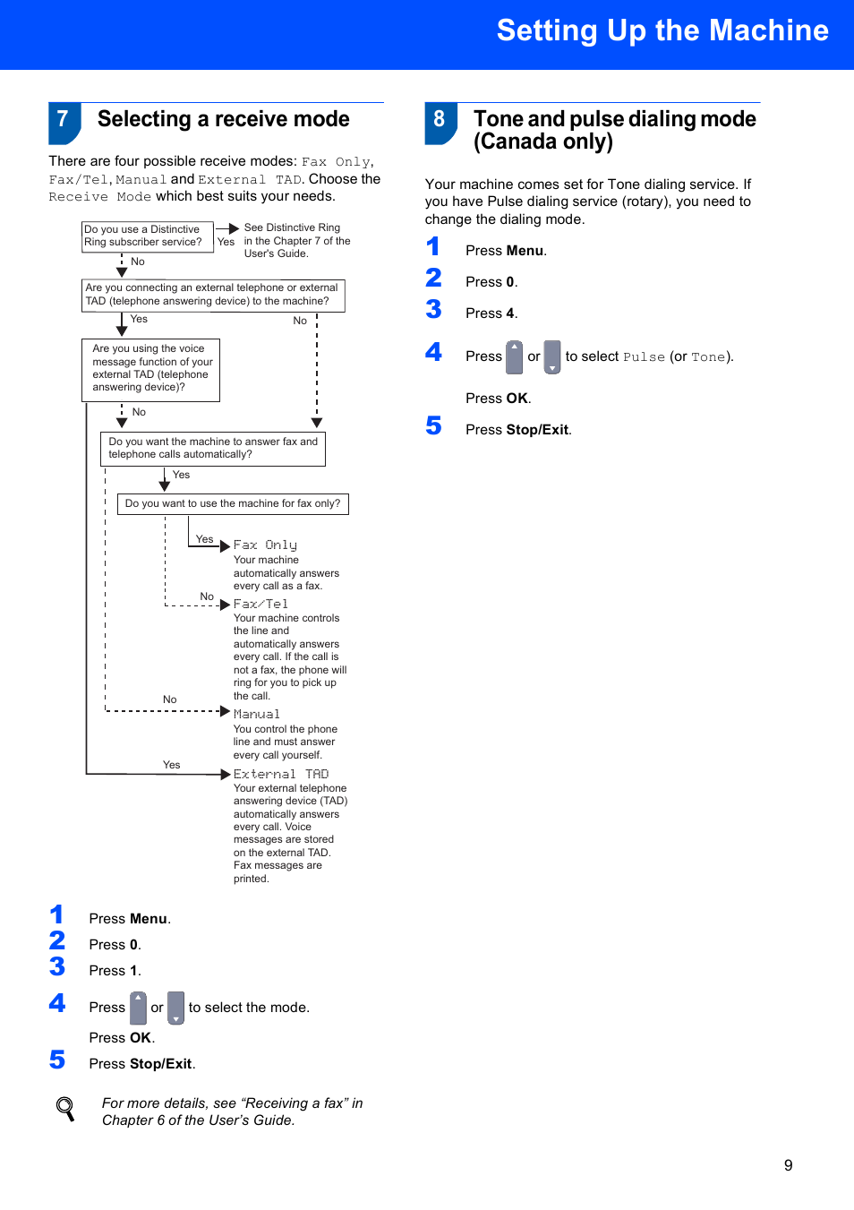 7 selecting a receive mode, 8 tone and pulse dialing mode (canada only), Setting up the machine | 7selecting a receive mode, 8tone and pulse dialing mode (canada only) | Brother MFC-9440CN User Manual | Page 11 / 34