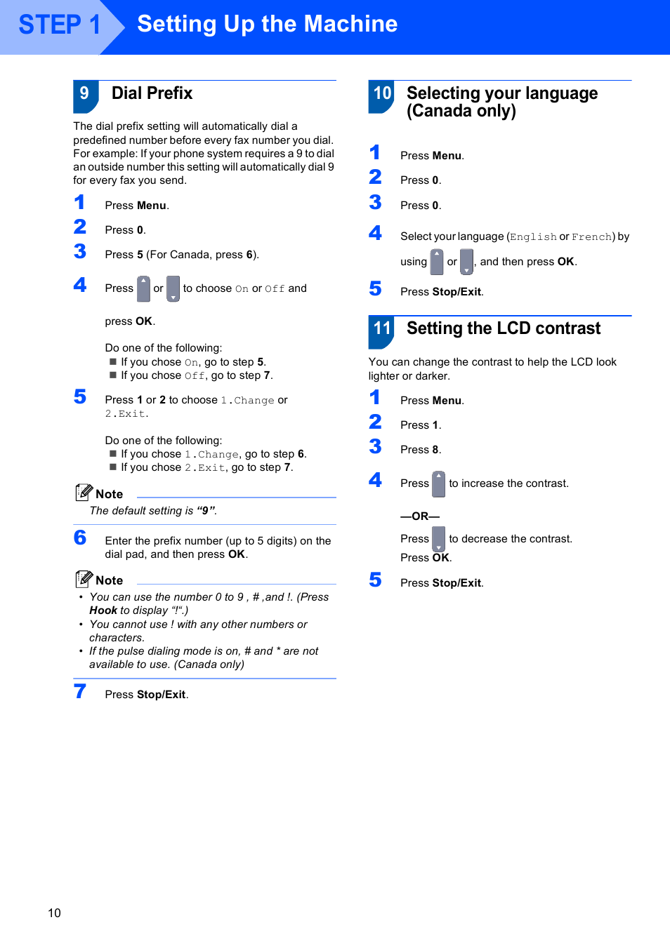 9 dial prefix, 10 selecting your language (canada only), 11 setting the lcd contrast | Step 1, Setting up the machine, 9dial prefix | Brother MFC-9440CN User Manual | Page 12 / 34