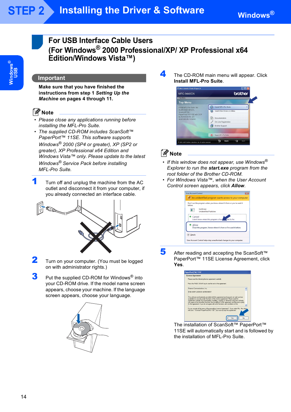 Windows, For usb interface cable users (for windows, For usb interface cable users | Step 2, Installing the driver & software, Important | Brother MFC-9440CN User Manual | Page 16 / 34