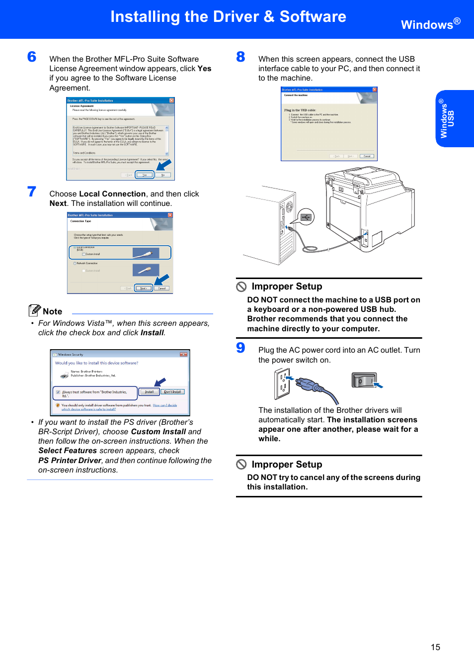 Installing the driver & software, Windows, Improper setup | Brother MFC-9440CN User Manual | Page 17 / 34