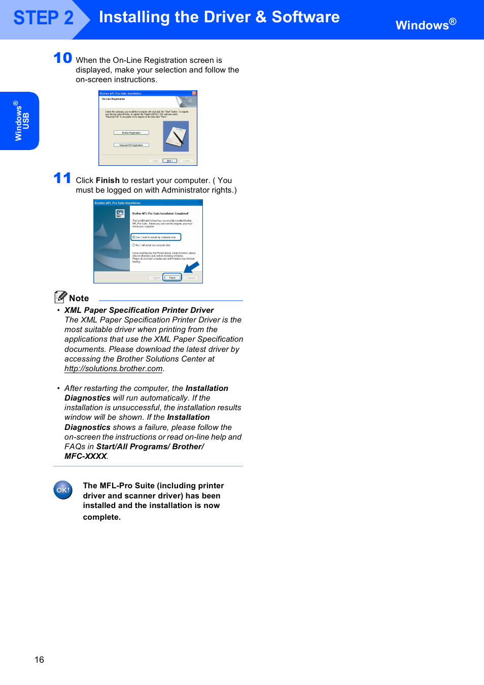 Step 2, Installing the driver & software, Windows | Brother MFC-9440CN User Manual | Page 18 / 34
