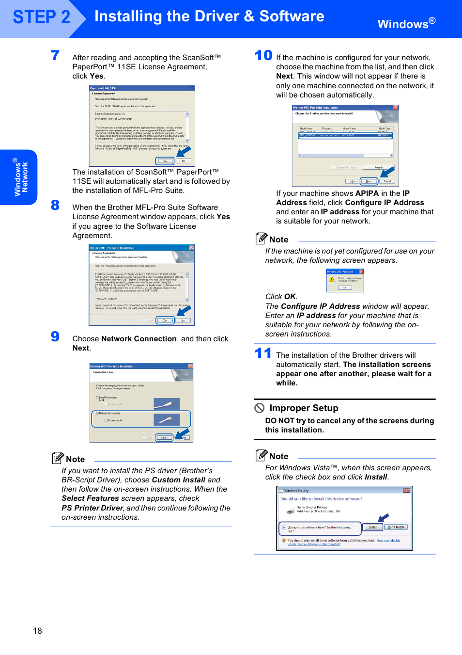 Step 2, Installing the driver & software, Windows | Improper setup | Brother MFC-9440CN User Manual | Page 20 / 34