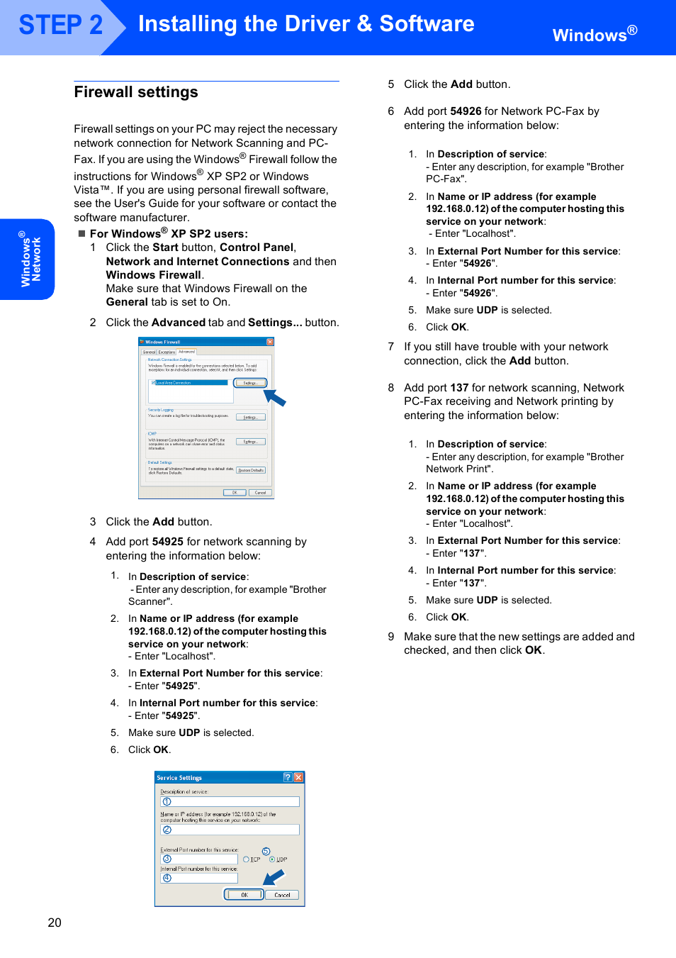 Firewall settings, Step 2, Installing the driver & software | Windows | Brother MFC-9440CN User Manual | Page 22 / 34